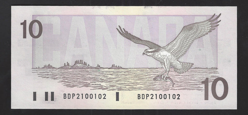 1989 $10 Bank of Canada Note Bonin-Thiessen Prefix BDP2100102 BC-57b  (UNC)