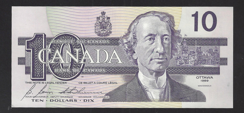 1989 $10 Bank of Canada Note Bonin-Thiessen Prefix BDP6538102 BC-57b  (Gem UNC)