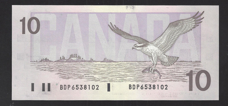 1989 $10 Bank of Canada Note Bonin-Thiessen Prefix BDP6538102 BC-57b  (Gem UNC)
