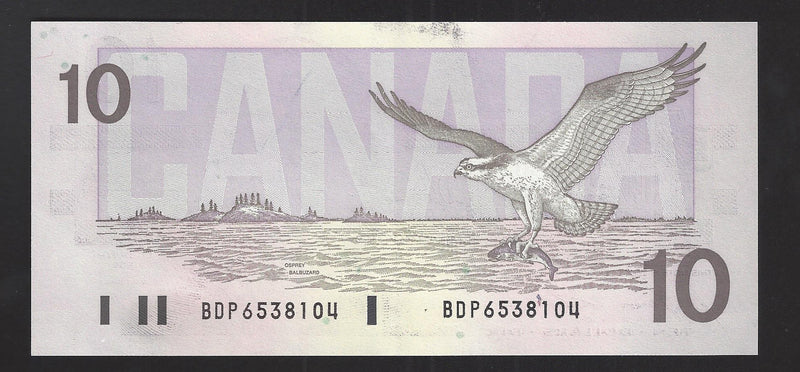 1989 $10 Bank of Canada Note Bonin-Thiessen Prefix BDP6538104 BC-57b  (Gem UNC)