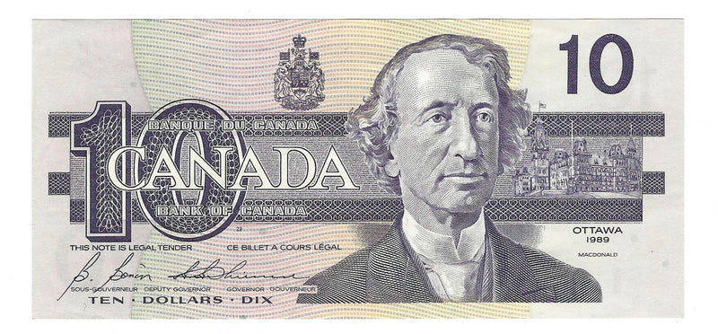 1989 Canada $10 Banknote  Bonin-Thiessen ,BDW, BC-57b  (Almost/UNC)