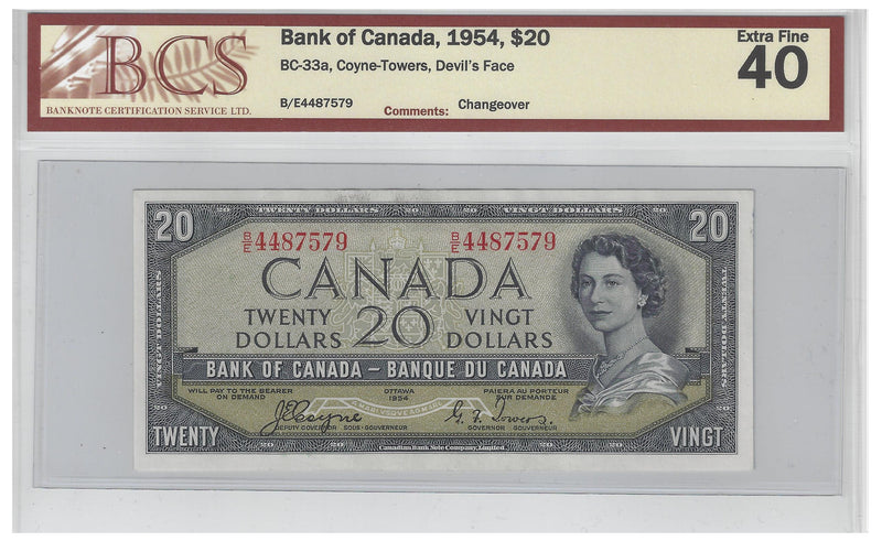 1954 Canada $20 Banknote Coyne-Towers,Devil's Face B/E, BC-33a BCS Certified (EF40)