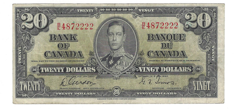 1937 Canada $20 Banknote Gordon-Towers,B/E, BC-25a (F/VF)