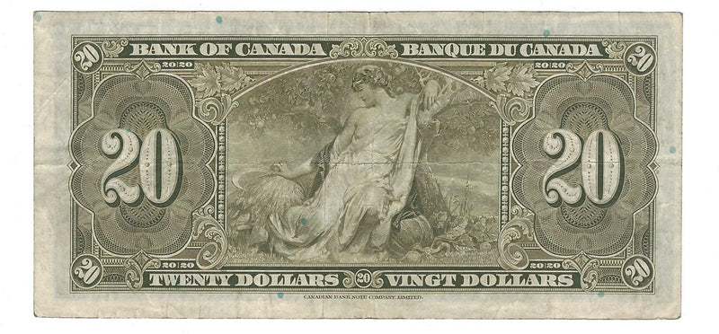 1937 Canada $20 Banknote Gordon-Towers,B/E, BC-25a (F/VF)