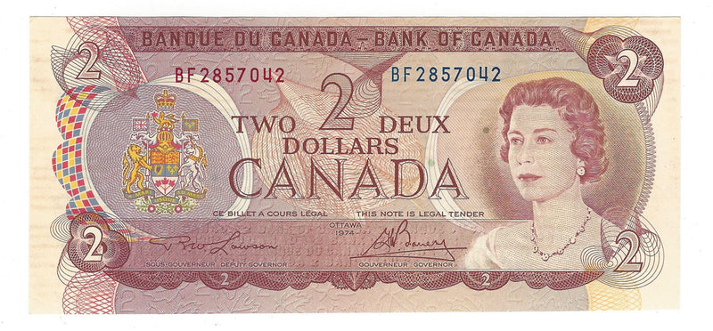 1974 $2 Banknote Lawson-Bouey, Prefix BF,  BC-47a, Unc