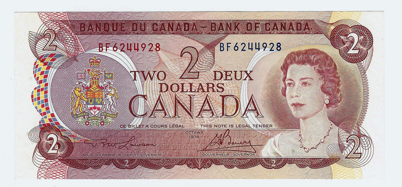 1974 $2 Banknote Lawson-Bouey, Prefix BF,  BC-47a, C/Unc