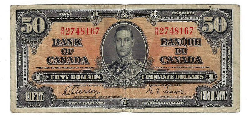 1937 Canada $50 Banknote Gordon-Towers, B/H, BC-26b (F)