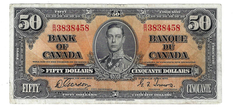 1937 Canada $50 Banknote Gordon-Towers, B/H, BC-26b (VF)