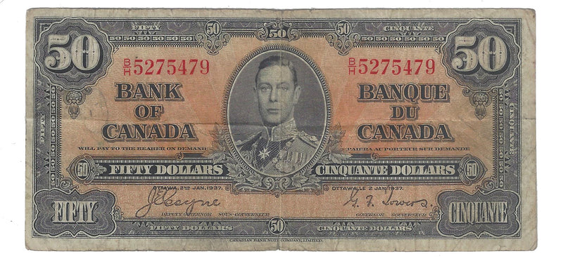 1937 Canada $50 Banknote Coyne-Towers, B/H, BC-26c (F)