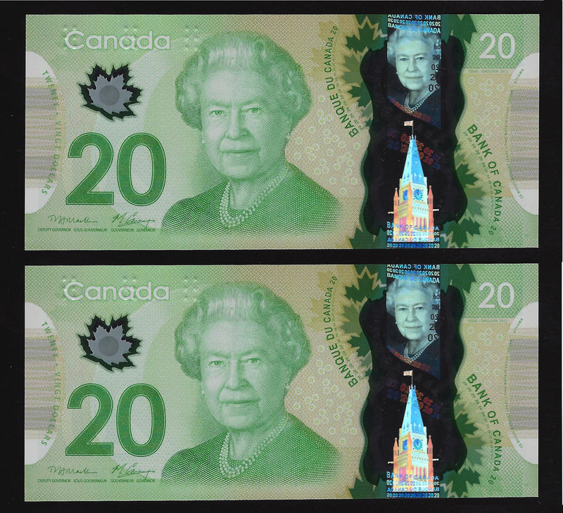 2012 2 Consecutive $20 Bank of Canada Note Macklem-Carney Prefix BIS9509789,790 BC-71a (Gem/Unc)