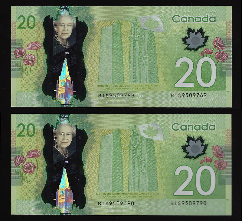 2012 2 Consecutive $20 Bank of Canada Note Macklem-Carney Prefix BIS9509789,790 BC-71a (Gem/Unc)