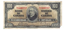 1937 $100 Bank of Canada Note Gordon-Towers Prefix B/J BC-27b VF-20 (Misssing piece)