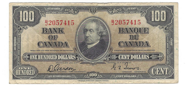 1937 Canada $100 Banknote Gordon-Towers,B/J, BC-27b (F/VF)