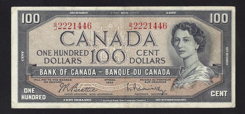 1954 $100 Bank of Canada Note Beattie-Rasminsky Prefix B/J2221446 BC-43b (VF)