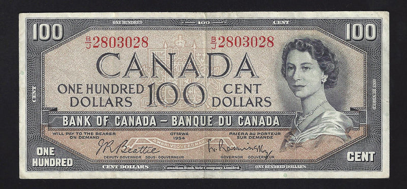 1954 $100 Bank of Canada Note Beattie-Rasminsky Prefix B/J2803028 BC-43b (VF)