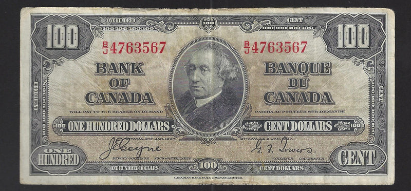 1937 $100 Bank of Canada Note Coyne-Towers Prefix B/J4763567 BC-27c (VF)