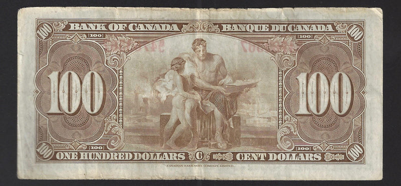 1937 $100 Bank of Canada Note Coyne-Towers Prefix B/J4763567 BC-27c (VF)