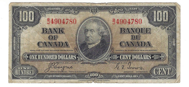 1937 Canada $100 Banknote Coyne-Towers,B/J, BC-27c (VG/F)