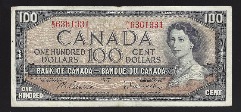 1954 $100 Bank of Canada Note Beattie-Rasminsky Prefix B/J6361331 BC-43b (VF)