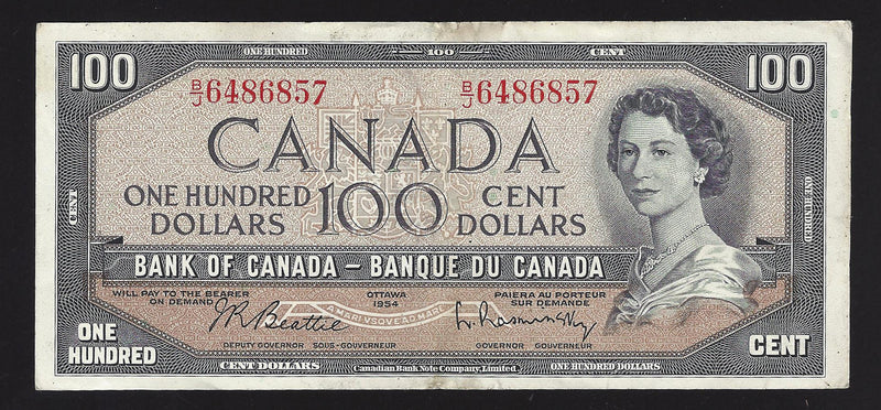 1954 $100 Bank of Canada Note Beattie-Rasminsky Prefix B/J6486857 BC-43b (VF)