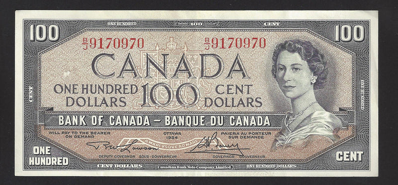 1954 $100 Bank of Canada Note Lawson-Bouey Prefix B/J9170970 BC-43c (EF)