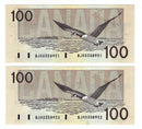2 Sequential 1988 Canada $100 Banknote Thiessen-Crow,BJH,(CL BPN) BC-60a-i (UNC)