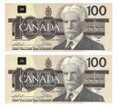 2 Sequential 1988 Canada $100 Banknote Thiessen-Crow,BJH,(CL BPN) BC-60a-i (UNC)
