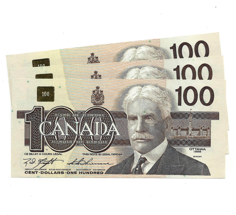 3 Sequential 1988 Canada $100 Banknote Knight-Thiessen,BJJ, BC-60c (UNC)