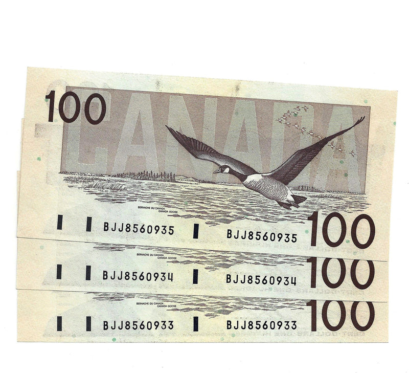 3 Sequential 1988 Canada $100 Banknote Knight-Thiessen,BJJ, BC-60c (UNC)
