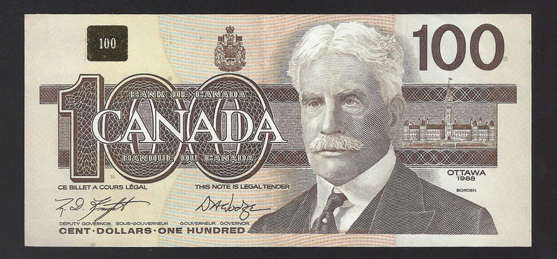 1988 $100 Bank of Canada Note Knight-Dodge Prefix BJU3237485 BC-60d (AU)