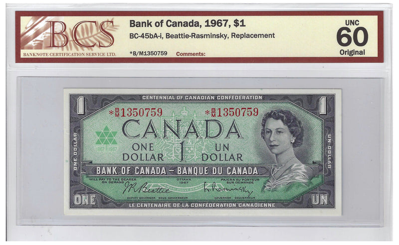 1967 Canada $1 Banknote Beattie-Rasminsky,*B/M, BC-45bA-i, BCS Certified (UNC 60  Original)