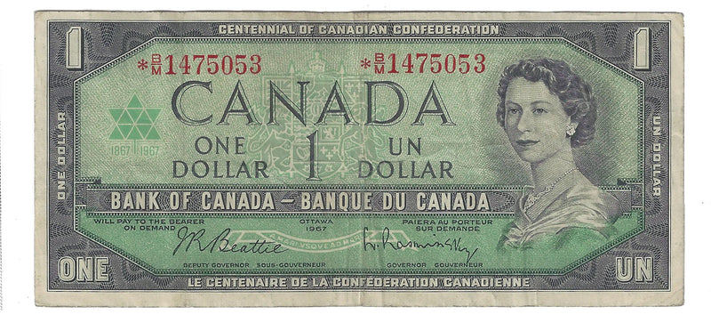 1967 Canada $1 Banknote Beattie-Rasminsky,*B/M, BC-45bA-i (Fine)