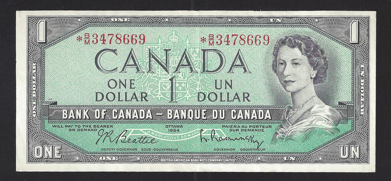 1954 $1  Replacement Bank of Canada Note Beattie-Rasminsky Prefix *B/M3478669 BC-37bA-i (EF)