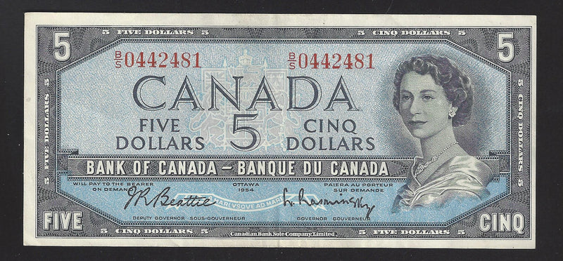 1954 $5 Bank of Canada Note Beattie-Rasminsky Prefix B/S0442481 BC-39b (VF)