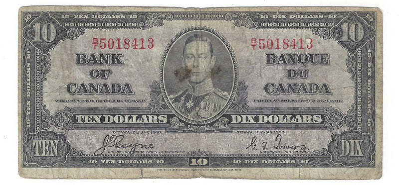 1937 $10 Bank of Canada Note Coyne-Towers, B/T, BC-24c (VG)