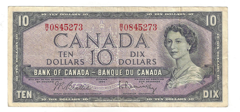 1954 Canada $10 Banknote Beattie-Rasminsky, B/V, BC-40b (Fine)