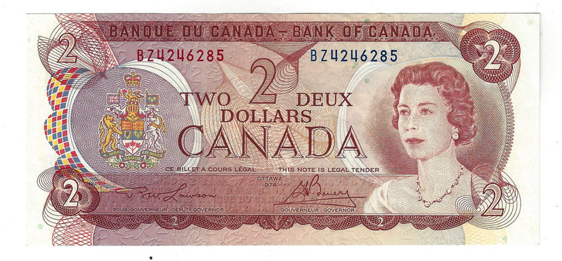 1974 $2 Banknote Lawson-Bouey, Prefix BZ,  BC-47a, EF