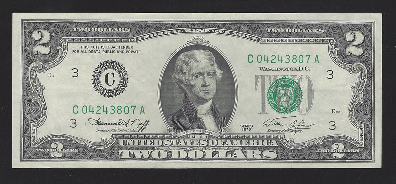 1976 USA $2 Two Dollar Bill Series (C) Green Seal Number C04243807A (VF-EF)