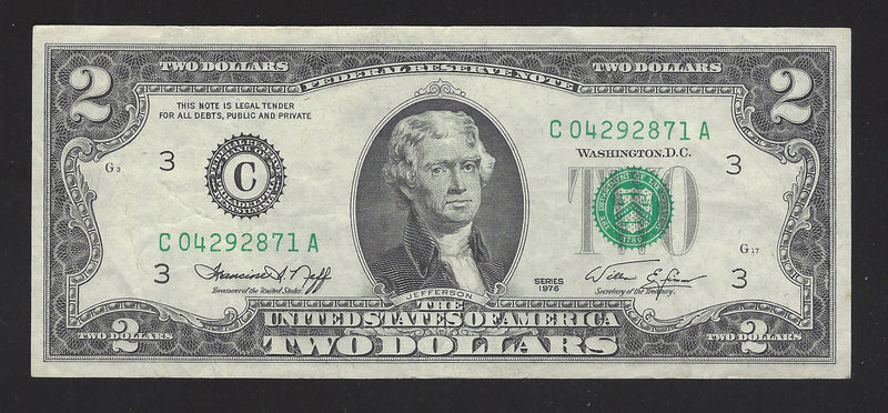 1976 USA $2 Two Dollar Bill Series (C) Green Seal Number C04292871A (VF)