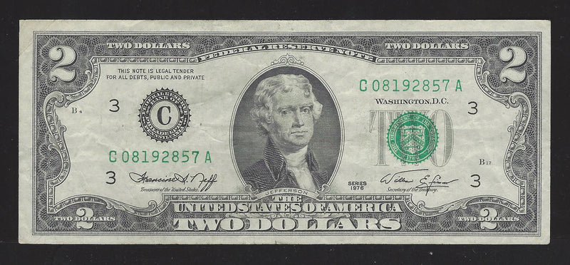 1976 USA $2 Two Dollar Bill Series (C) Green Seal Number C08192857A (VF)