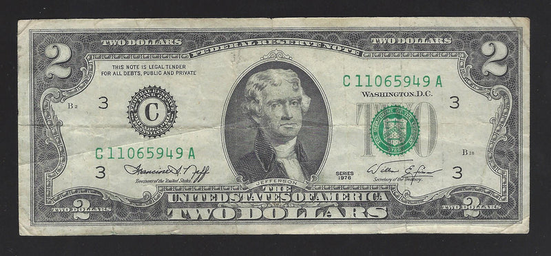 1976 USA $2 Two Dollar Bill Series (C) Green Seal Number  C11065949A (F-VF)