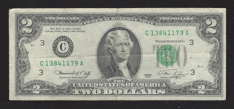 1976 USA $2 Two Dollar Bill Series (C) Green Seal Number C13841179A (Fine)