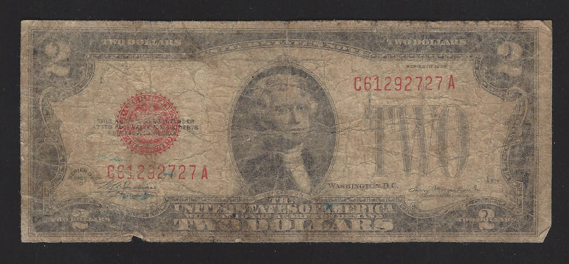 1928C USA $2 Two Dollar Bill Red Seal Number C61292727A (Good)