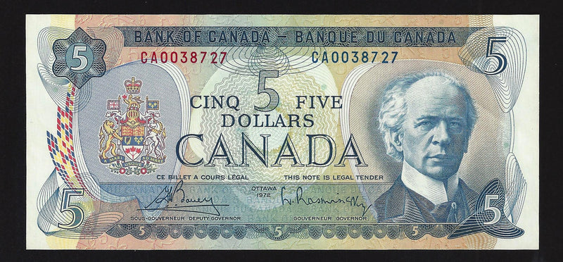 1972 $5 Bank of Canada Note Bouey-Rasminsky Prefix CA0038727 BC-48a (CH UNC)