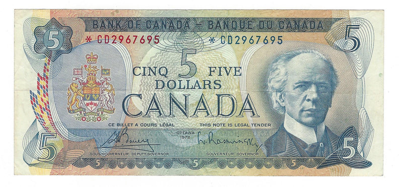 1972 Canada Replacement $5 Banknote Bouey-Rasminsky, *C/D, BC-48aA (EF)