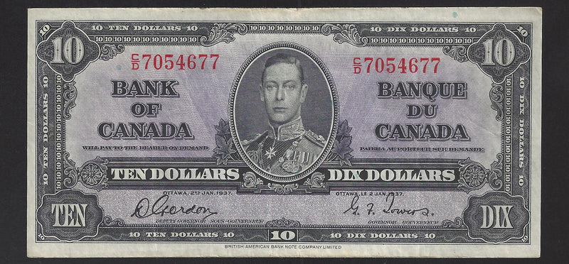 1937 $10 Bank of Canada Note Gordon-Towers Prefix C/D7054677 BC-24b (VF)