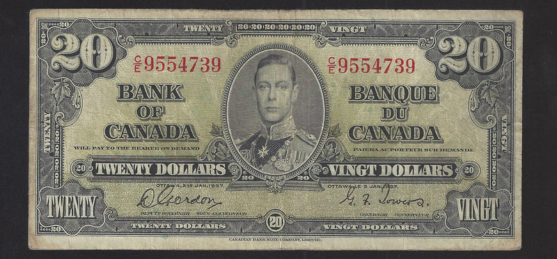 1937 $20 Bank of Canada Note Gordon-Towers Prefix C/E9554739 BC-25b (Fine)