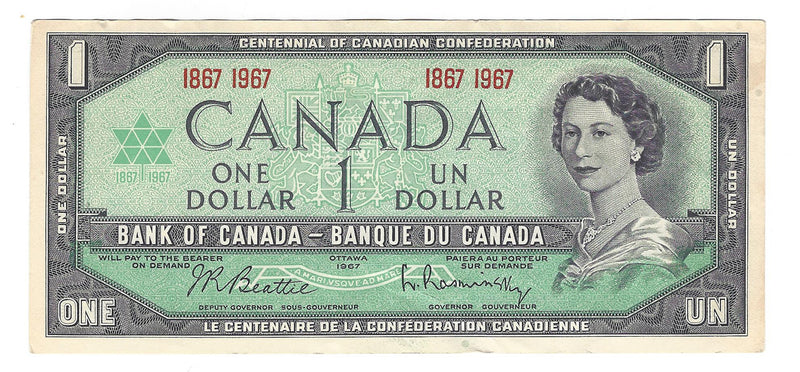 1967 Canada $1 Centennial Banknote Beattie-Rasminsky, BC-45a (Circ.)