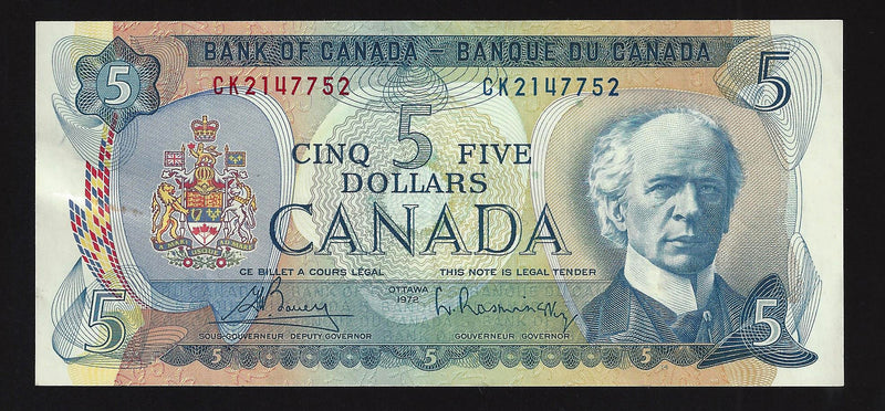 1972 $5 Bank of Canada Note Bouey-Rasminsky Prefix CK2147752 BC-48a (Almoust Unc)