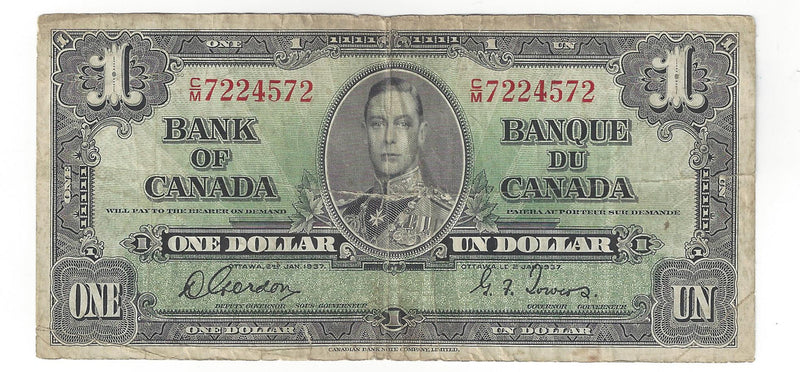 1937 Canada $1 Banknote Gordon-Towers (WP), C/M, BC-21c (VG)